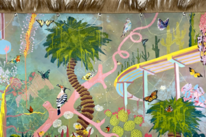 A surreal, vibrant painting of a hazy landscape bordered with brown fringe at the top. It features a stylized palm tree, winding pink branches, green cacti, and a colorful curved structure, with various birds and butterflies scattered throughout the scene